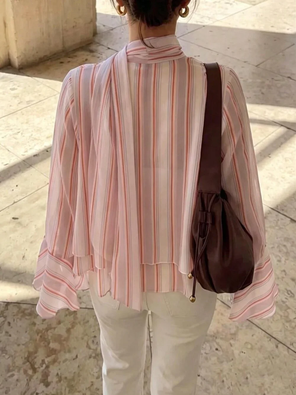 Baby Pink Casual Women's Striped Chiffon Blouse with Ruffle Trim